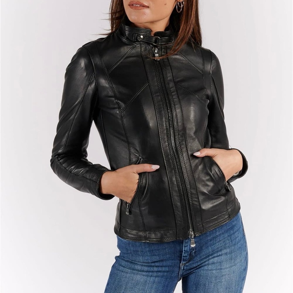 Vera Pelle Italian Black Genuine Leather Fitted Moto Jacket 42